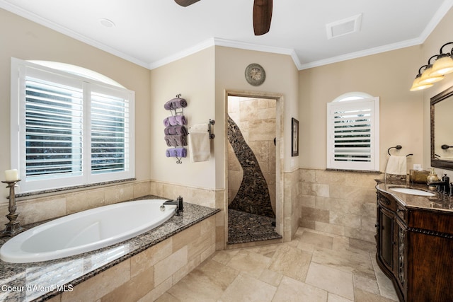 5969 W Highland Dr, Coeur Dalene, ID 83814 - bathroom featuring a garden tub, vanity, a tile shower, ornamental molding, and ceiling fan