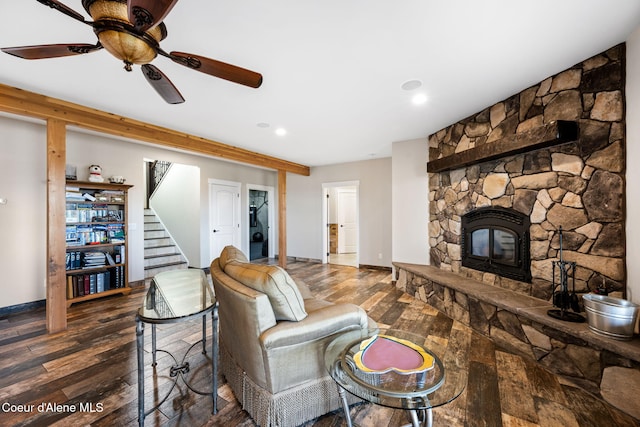 5969 W Highland Dr, Coeur Dalene, ID 83814 - living area with stairs, wood-type flooring, ceiling fan, a fireplace, and recessed lighting