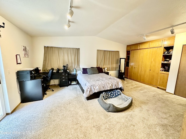 3674 E 2nd Ave, Post Falls, ID 83854 - bedroom with rail lighting, a desk, light colored carpet, and lofted ceiling