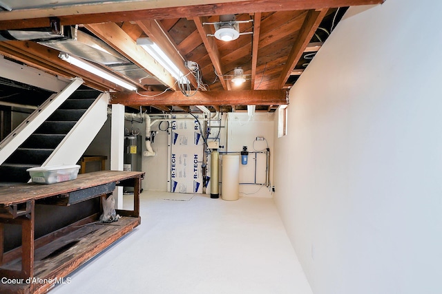67 Nuchols Gulch Rd, Osburn, ID 83849 - unfinished below grade area featuring electric water heater, stairs, and a water softener system