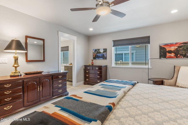 307 S 18th St, Coeur Dalene, ID 83814 - bedroom featuring recessed lighting, light colored carpet, ensuite bathroom, and ceiling fan