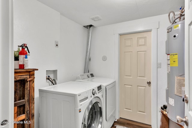 959 N Rutledge Ct, Coeur Dalene, ID 83814 - laundry room with water heater, washer and clothes dryer, and dark wood-style flooring