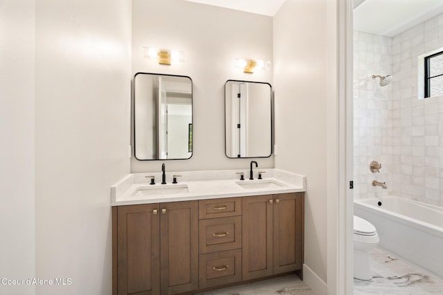 11551 N Bluejay Loop, Hayden, ID 83835 - full bathroom featuring marble look tiles, double vanity, and bathtub / shower combination