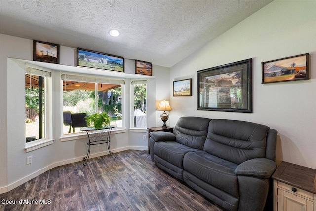 7315 W Lund St, Rathdrum, ID 83858 - living area with dark wood-type flooring, lofted ceiling, and a textured ceiling