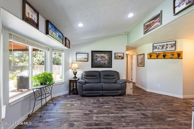 7315 W Lund St, Rathdrum, ID 83858 - living area with a textured ceiling, wood finished floors, lofted ceiling, and recessed lighting