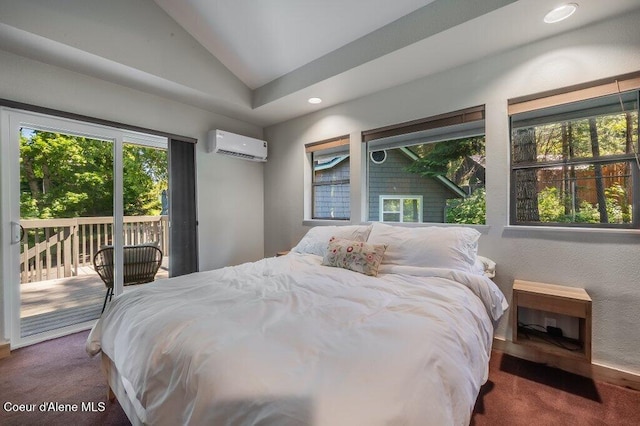 5653 W Racquet Rd, Rathdrum, ID 83858 - carpeted bedroom featuring a wall mounted AC, access to exterior, lofted ceiling, and recessed lighting