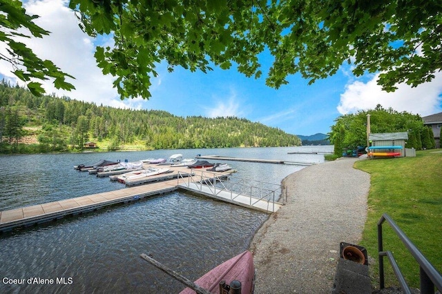 5653 W Racquet Rd, Rathdrum, ID 83858 - dock area with a water and mountain view, a wooded view, and a lawn