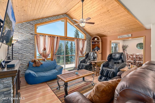 17544 E Arapaho Rd, Bayview, ID 83803 - living room featuring wood finished floors, wood ceiling, ceiling fan, and high vaulted ceiling