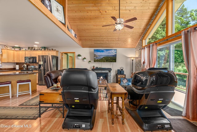 17544 E Arapaho Rd, Bayview, ID 83803 - office with high vaulted ceiling, light wood-style flooring, ceiling fan, a stone fireplace, and wooden ceiling