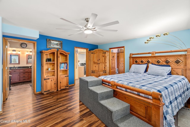 17544 E Arapaho Rd, Bayview, ID 83803 - bedroom with wood finished floors, ensuite bath, and ceiling fan