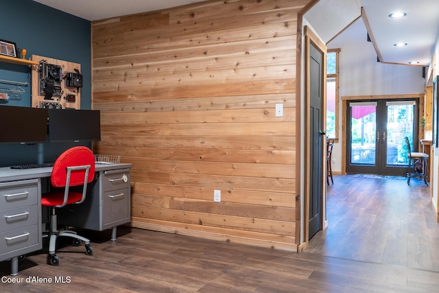 80 Half Cir, Priest River, ID 83856 - office area with french doors, dark wood-style floors, recessed lighting, and wooden walls