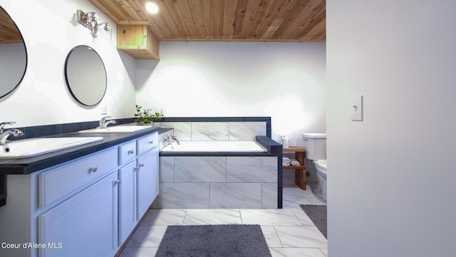 80 Half Cir, Priest River, ID 83856 - bathroom with wood ceiling, double vanity, a garden tub, and marble look tiles