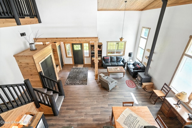 80 Half Cir, Priest River, ID 83856 - living area featuring high vaulted ceiling, wooden ceiling, and wood finished floors