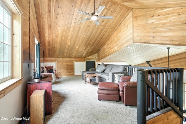 80 Half Cir, Priest River, ID 83856 - sitting room featuring wood walls, vaulted ceiling, carpet flooring, ceiling fan, and wood ceiling