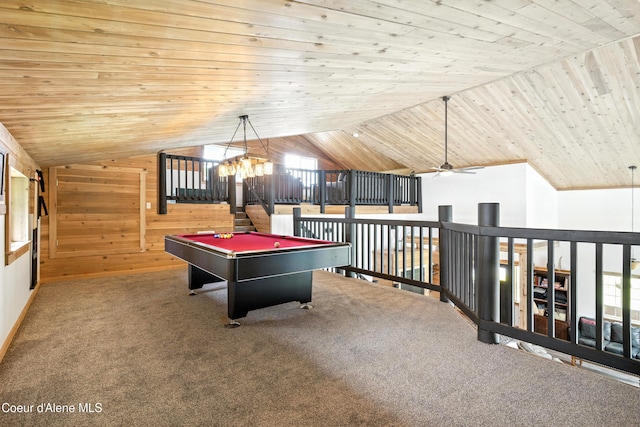 80 Half Cir, Priest River, ID 83856 - rec room featuring vaulted ceiling, wooden walls, wooden ceiling, carpet flooring, and pool table