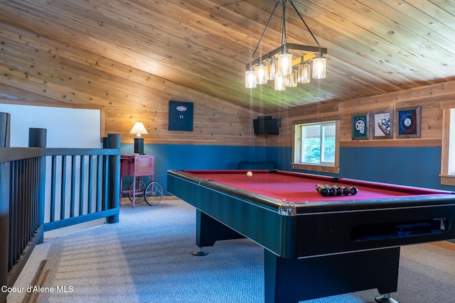80 Half Cir, Priest River, ID 83856 - rec room with wood ceiling, carpet floors, wooden walls, billiards table, and a chandelier