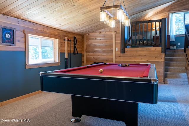 80 Half Cir, Priest River, ID 83856 - rec room featuring lofted ceiling, wooden walls, plenty of natural light, wood ceiling, and carpet