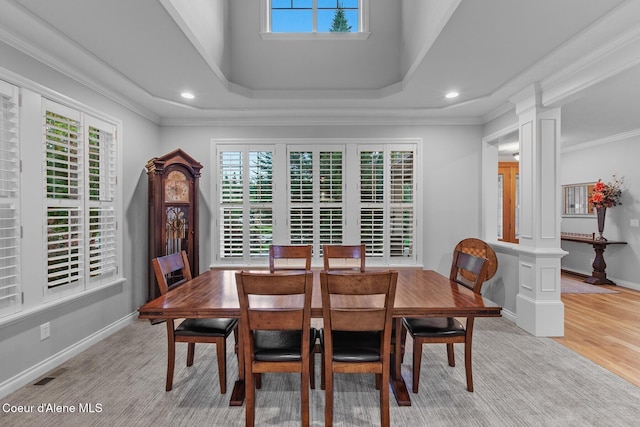 12155 N Yearling Cir, Hayden, ID 83835 - dining room featuring ornate columns, plenty of natural light, recessed lighting, light wood-type flooring, and ornamental molding