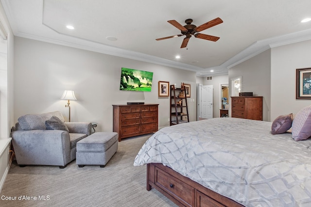 12155 N Yearling Cir, Hayden, ID 83835 - bedroom with recessed lighting, light carpet, crown molding, and ceiling fan