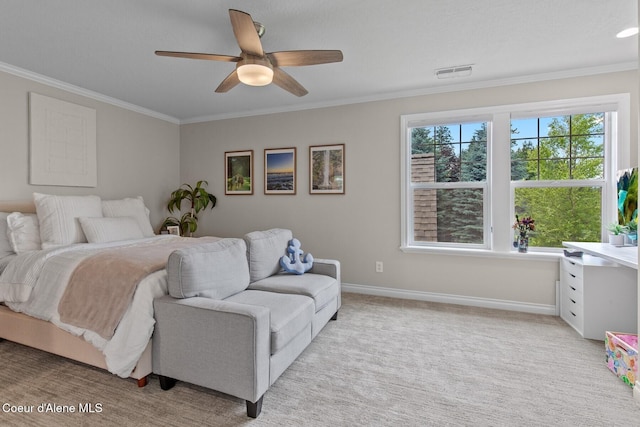 12155 N Yearling Cir, Hayden, ID 83835 - bedroom featuring ornamental molding, ceiling fan, and light carpet