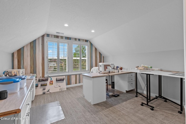 12155 N Yearling Cir, Hayden, ID 83835 - office with vaulted ceiling, light carpet, a textured ceiling, and recessed lighting