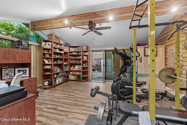 12155 N Yearling Cir, Hayden, ID 83835 - workout area featuring lofted ceiling, ceiling fan, and wood finished floors