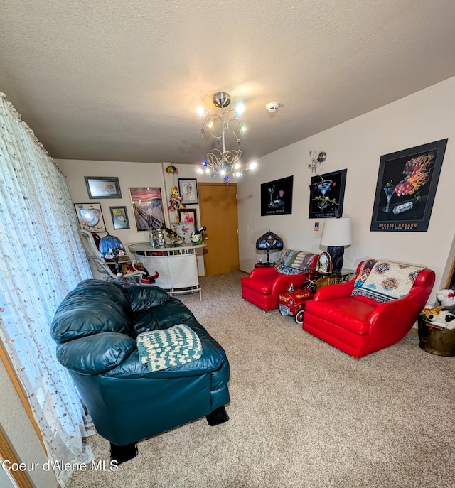 6702 Kelso Lake Rd, Athol, ID 83801 - living room featuring carpet, a chandelier, and a textured ceiling