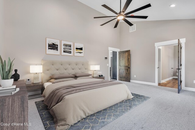 32926 N 10th Ave, Spirit Lake, ID 83869 - bedroom featuring carpet flooring, high vaulted ceiling, recessed lighting, and ceiling fan