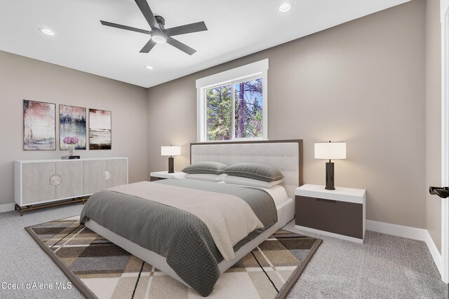32926 N 10th Ave, Spirit Lake, ID 83869 - bedroom featuring light carpet, recessed lighting, and a ceiling fan
