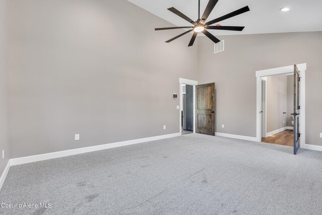 32926 N 10th Ave, Spirit Lake, ID 83869 - unfurnished bedroom featuring carpet flooring, high vaulted ceiling, recessed lighting, and ceiling fan