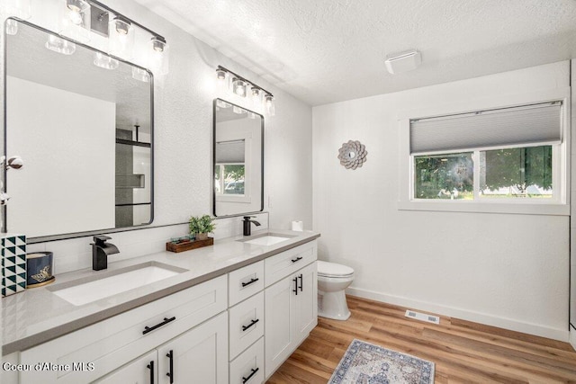 320 E Dakota Ave, Hayden, ID 83835 - full bathroom with wood finished floors, healthy amount of natural light, double vanity, a textured ceiling, and a shower