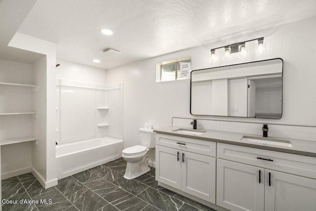 320 E Dakota Ave, Hayden, ID 83835 - bathroom featuring double vanity, marble finish flooring, shower / bathtub combination, recessed lighting, and a textured ceiling