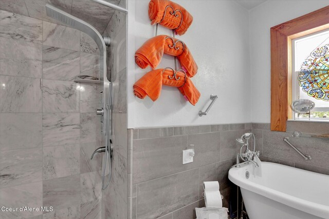 1505 N 3rd, Coeur Dalene, ID 83814 - full bath featuring tiled shower, a soaking tub, and tile walls