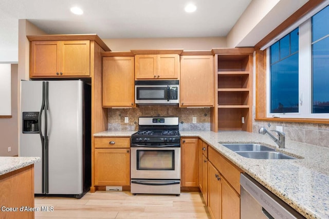 2848 N O Connor Blvd, Post Falls, ID 83854 - kitchen with appliances with stainless steel finishes, light stone counters, decorative backsplash, recessed lighting, and open shelves