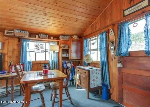 16946 E Jds E Dock 27, Bayview, ID 83803 - dining room with wooden ceiling, vaulted ceiling, wood walls, carpet flooring, and a baseboard heating unit