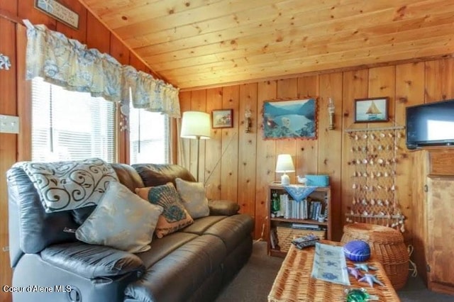 16946 E Jds E Dock 27, Bayview, ID 83803 - living area with wooden ceiling, carpet flooring, wood walls, and vaulted ceiling