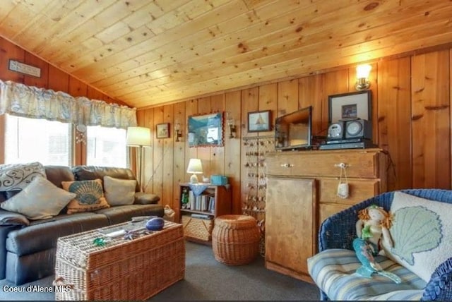 16946 E Jds E Dock 27, Bayview, ID 83803 - living area with carpet flooring, vaulted ceiling, wood ceiling, and wood walls