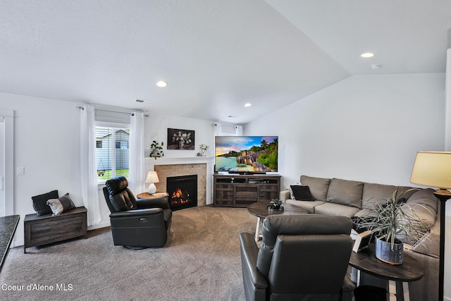 3631 N Britton Rd, Post Falls, ID 83854 - carpeted living area featuring a brick fireplace, recessed lighting, and lofted ceiling