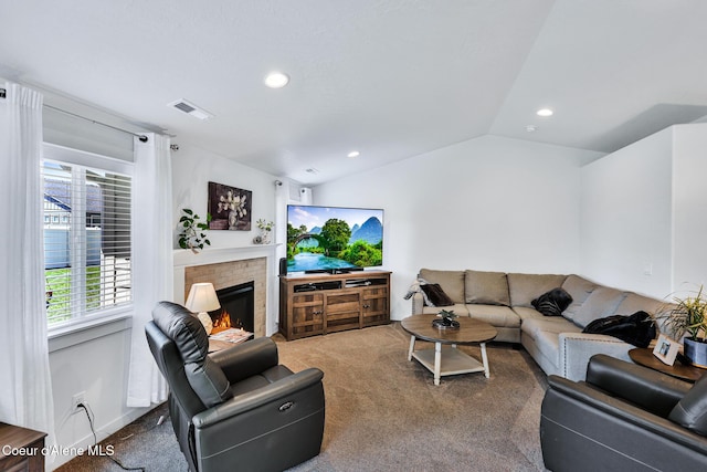 3631 N Britton Rd, Post Falls, ID 83854 - living area featuring a fireplace, carpet floors, lofted ceiling, and recessed lighting