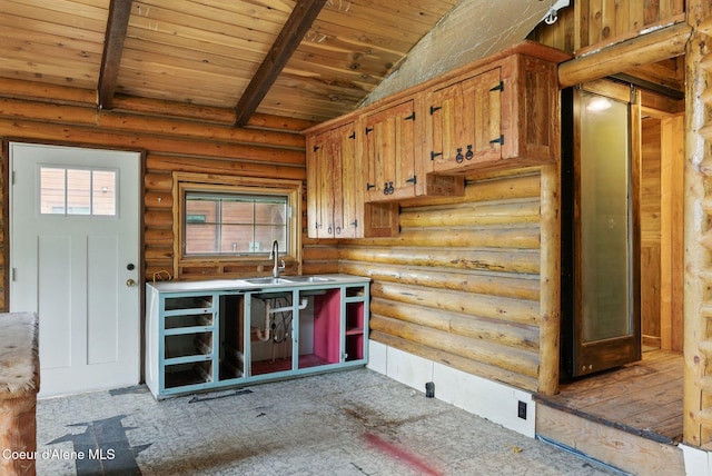 527 W Seneacquoteen, Priest River, ID 83856 - kitchen with a wooden ceiling with exposed beams, rustic walls, and brown cabinets
