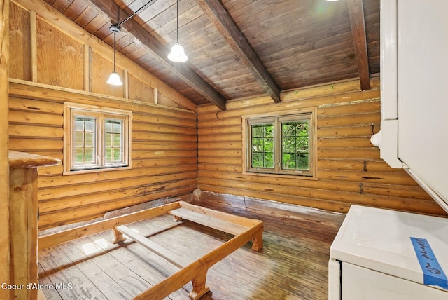 527 W Seneacquoteen, Priest River, ID 83856 - interior space with wood ceiling, a sauna, wood-type flooring, and rustic walls
