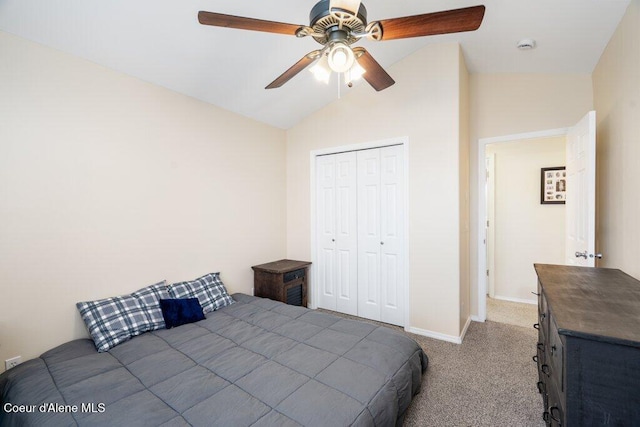 8136 Salmonberry Lp, Hayden, ID 83835 - bedroom featuring carpet flooring, vaulted ceiling, a closet, and ceiling fan