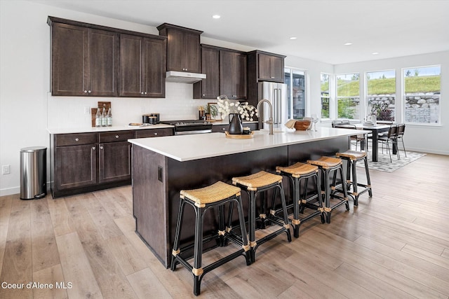 2756 W Lumber Ln Unit 7, Coeur Dalene, ID 83814 - kitchen featuring under cabinet range hood, a breakfast bar, light wood-style flooring, light countertops, and a kitchen island with sink