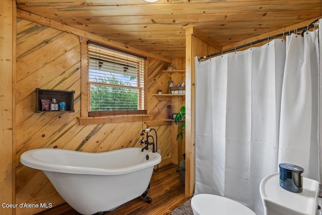 3297 Minaloosa Valley Rd, Plummer, ID 83851 - bathroom with wood ceiling, a freestanding bath, wood finished floors, and wood walls