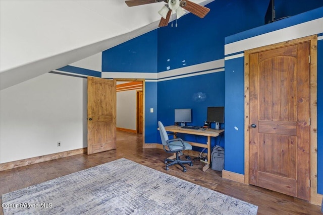 3297 Minaloosa Valley Rd, Plummer, ID 83851 - home office featuring wood finished floors, a ceiling fan, and high vaulted ceiling
