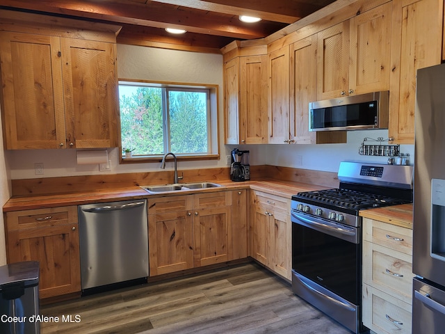 29222 N 1st St, Athol, ID 83801 - kitchen featuring appliances with stainless steel finishes, wood counters, beam ceiling, and wood finished floors