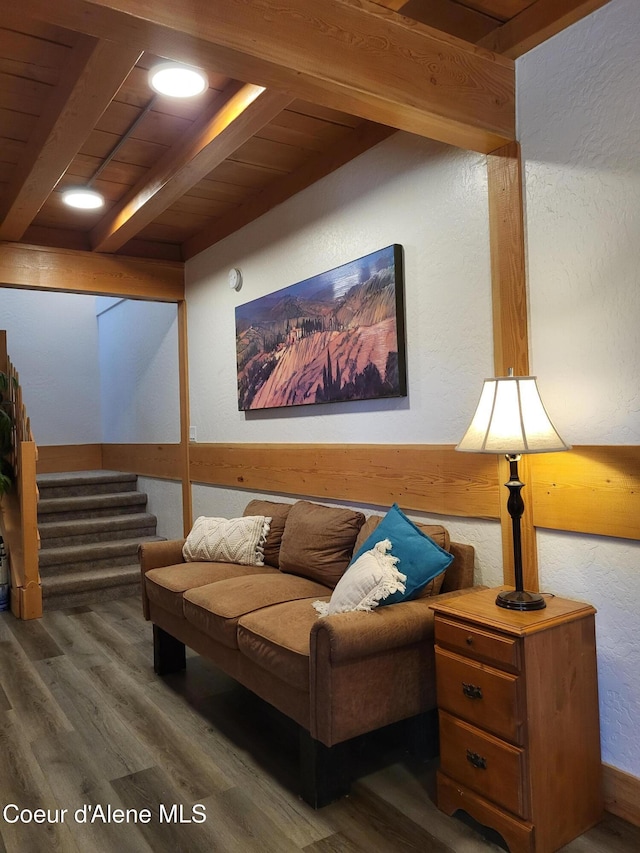 29222 N 1st St, Athol, ID 83801 - living area featuring wood finished floors, stairs, a wood ceiling with exposed beams, and a textured wall