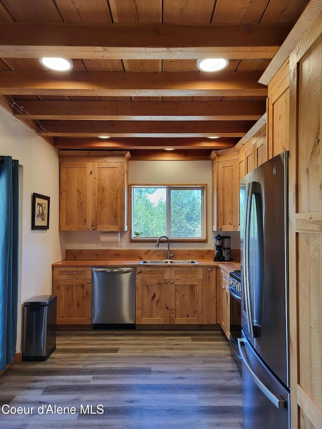 29222 N 1st St, Athol, ID 83801 - kitchen with appliances with stainless steel finishes, wooden ceiling, dark wood finished floors, light countertops, and recessed lighting
