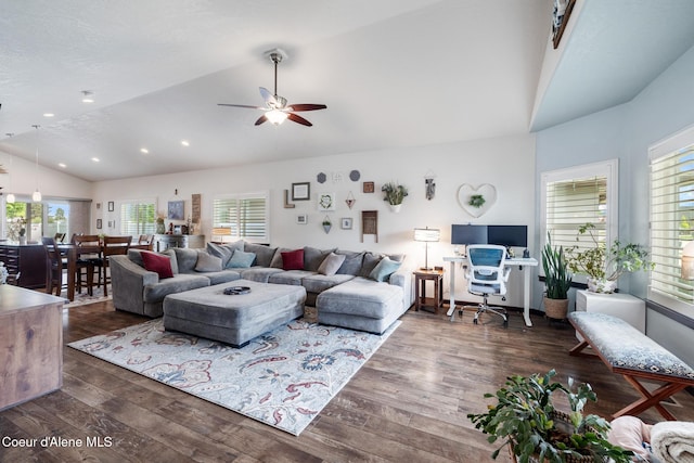 10939 N Seaside St, Hayden, ID 83835 - living room with a ceiling fan, an office area, plenty of natural light, dark wood finished floors, and recessed lighting