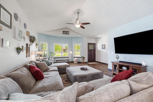 10939 N Seaside St, Hayden, ID 83835 - living room featuring wood finished floors, a ceiling fan, and lofted ceiling